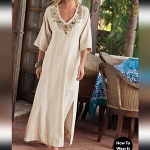 Soft Surroundings Ibiza Caftan Dress Cream Embroidered Boho Resort